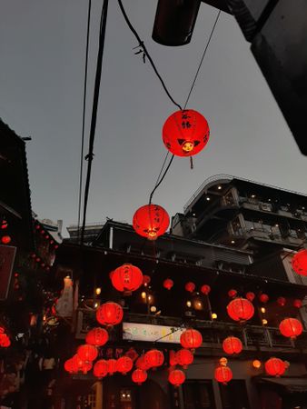 Red lanterns decorating the street at night in Taipei, Taiwan