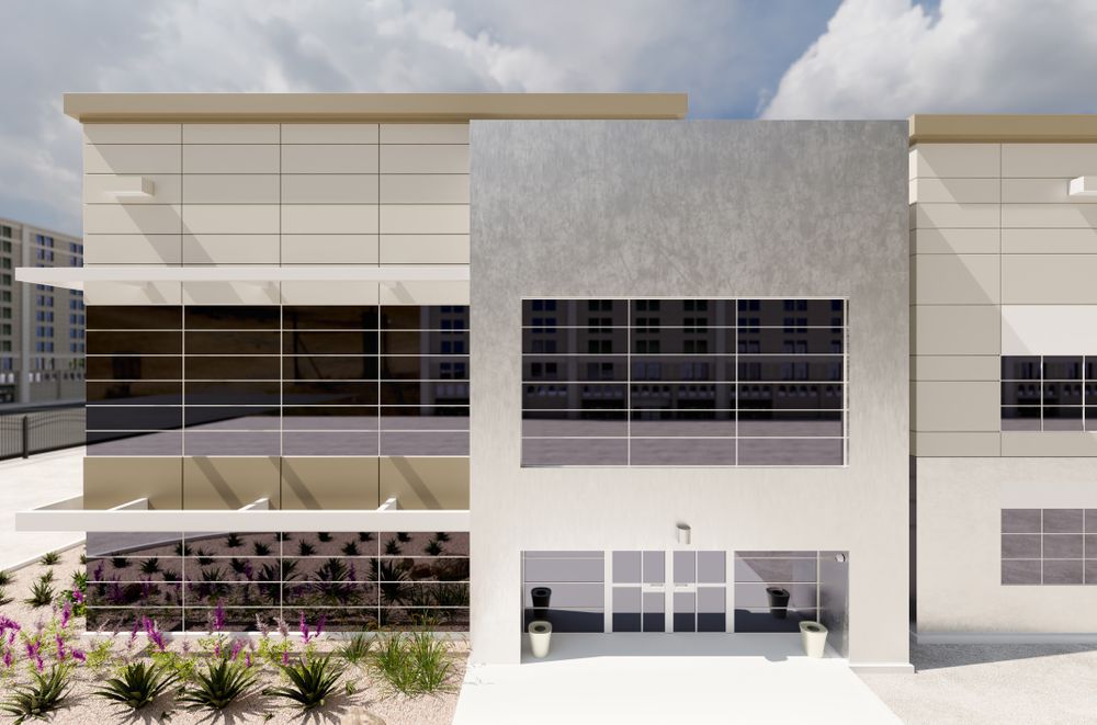 Beautiful New Contemporary Commercial Office Building. 3D Rendering.