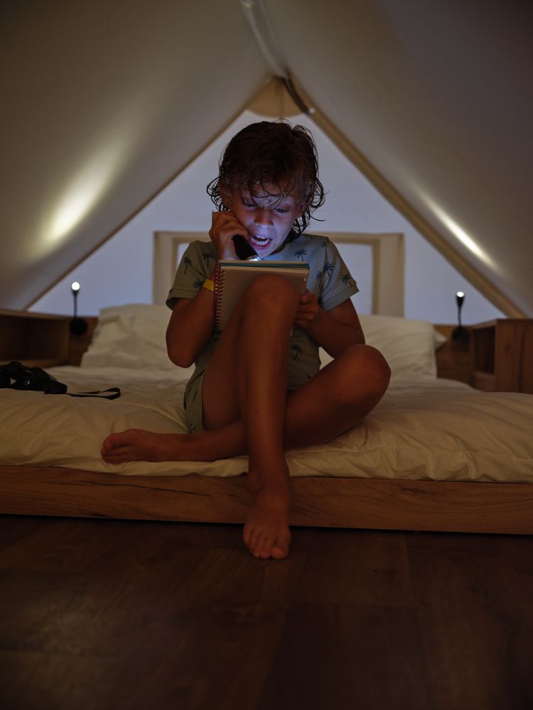 Astonished boy reading book with flashlight