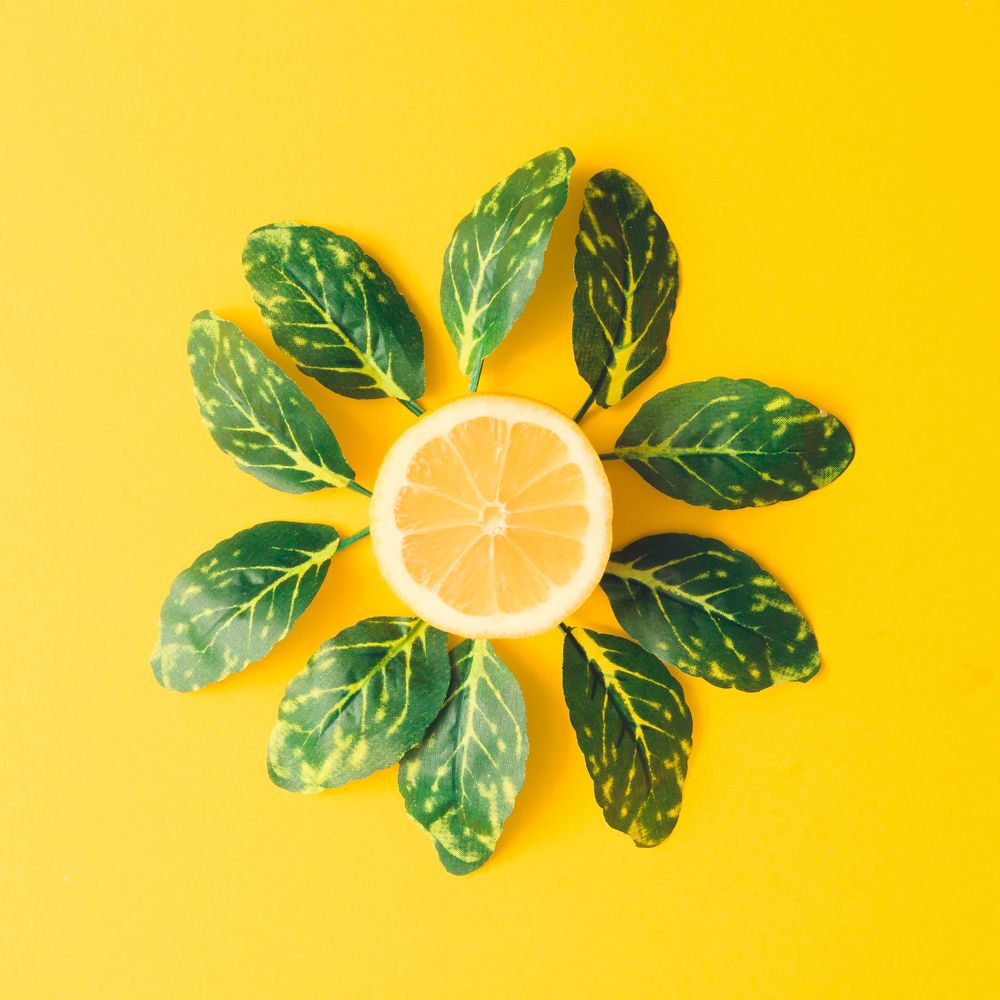 Lemon and green leaves on yellow background