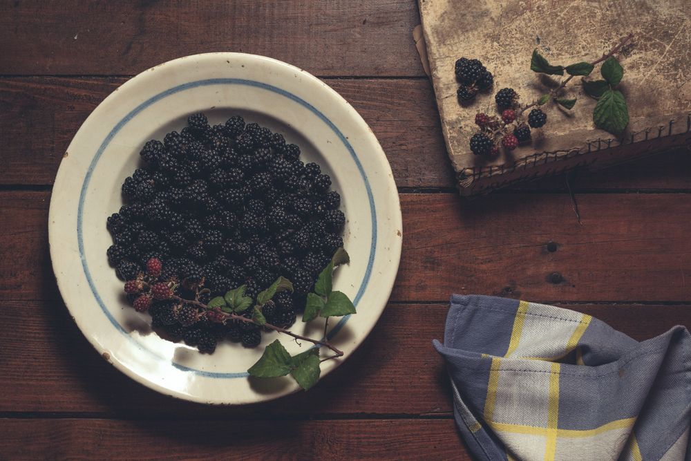 Ripe blackberries garnished by leaves in bowl