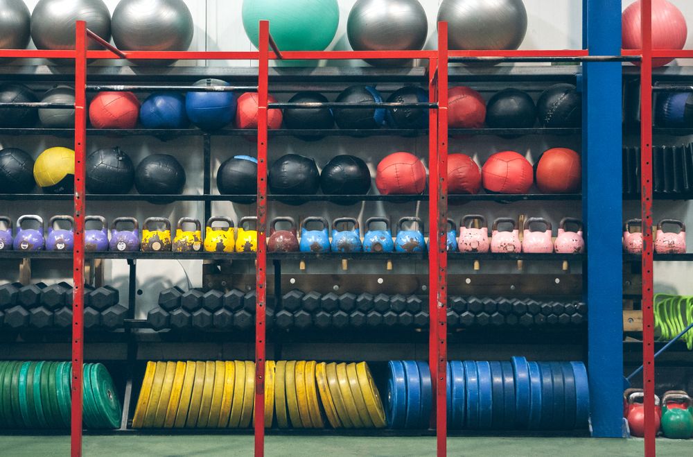 Shelves with sports equipment indoor
