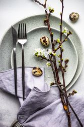 Festive table setting with speckled eggs on cherry blossom branch