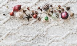 Flat-lay of holiday decorations, top view, copy space