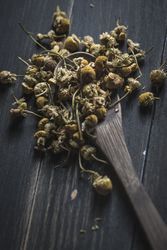 Spoonful of dried chamomile on wooden table