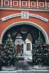 The Church of St. Igor of Chernigov's gate with two Christmas trees 5rAo10
