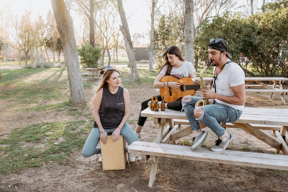 Cheerful musicians having fun in park