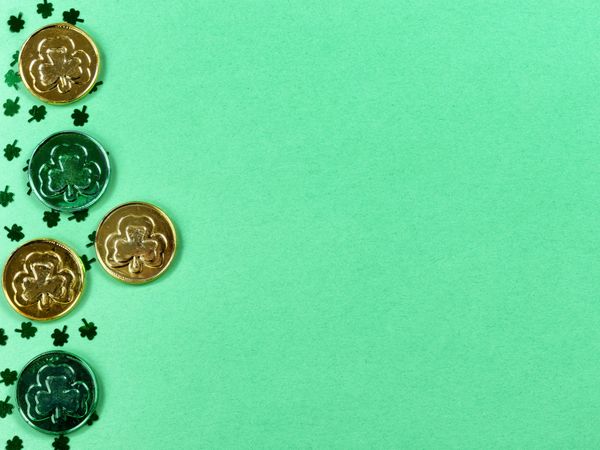 St Patrick’s Day with coins and shamrocks for luck and wealth