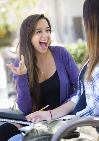 Smiling Female Sitting and Talking with Girlfriend