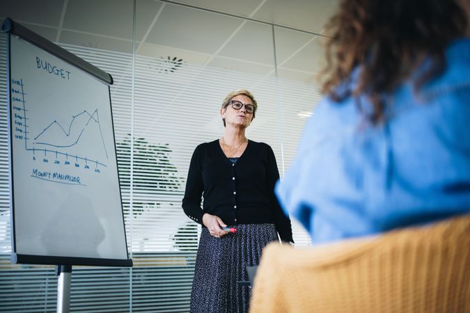 Mature businesswoman giving presentation to her team in office boardroom
