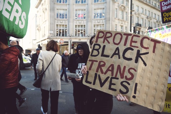London, England, United Kingdom - March 19 2022: “Protest Black Trans Lives” cardboard sign