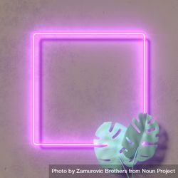 Fluorescent purple square frame with tropical leaves 5pvzgb