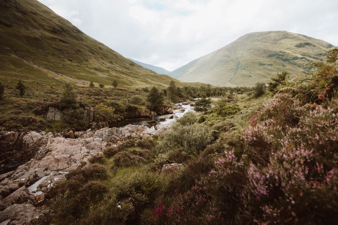 Mountain river with stones on daytime