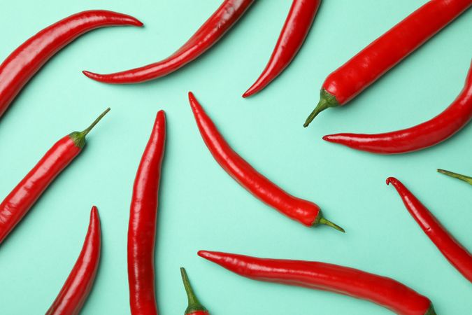 Chilli peppers on mint background, top view