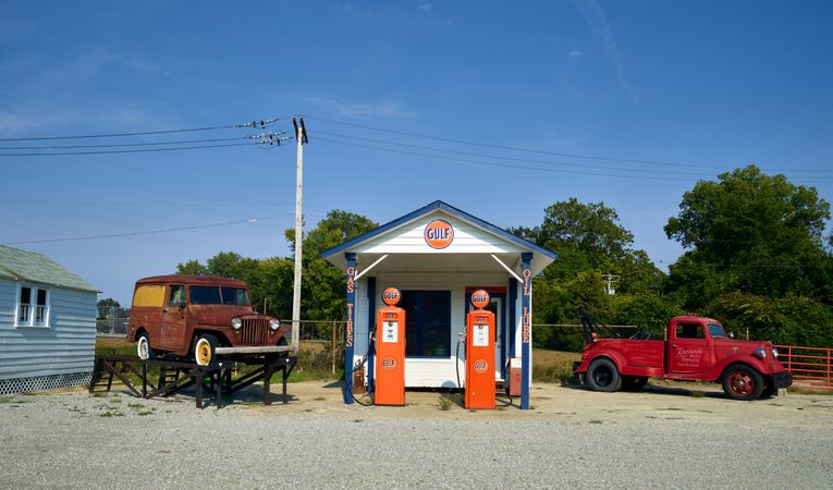 Re-creation of an early gas station at the National Automobile and Truck Museum in Auburn, Indiana