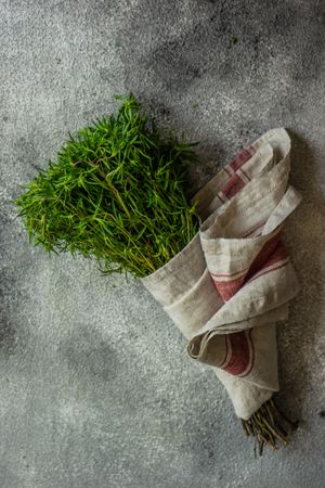 Fresh herb wrapped in kitchen towel on counter