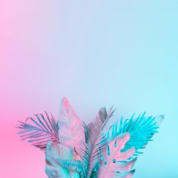 Tropical and palm leaves in vibrant bold gradient holographic colors