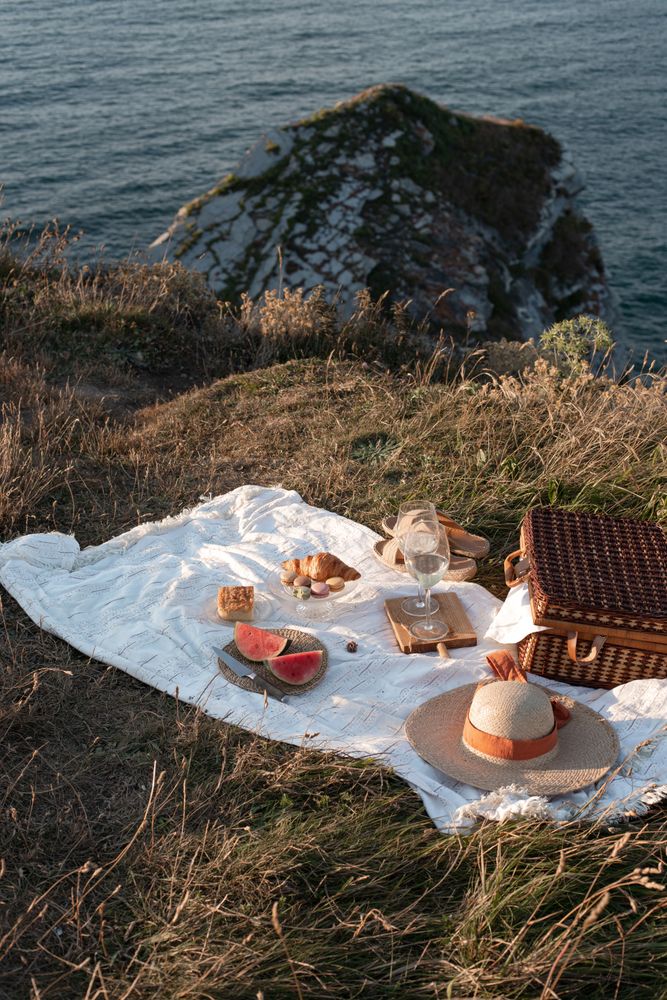 Picnic mat with romantically set near sea and mountains
