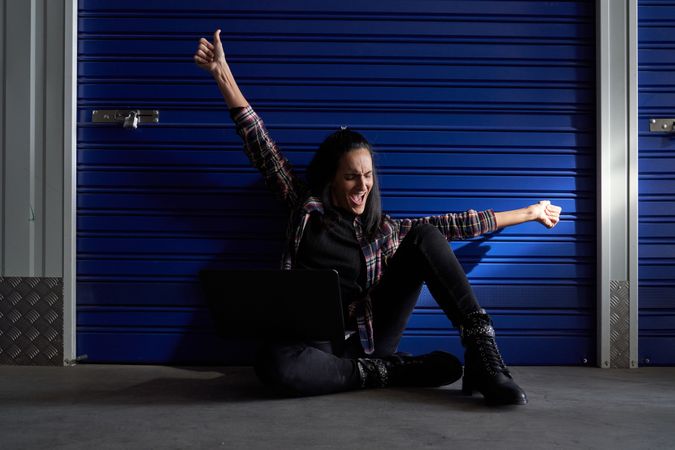Exited woman near self storage