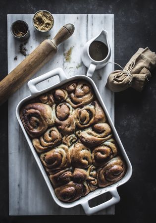 Baking dish with cinnamon rolls