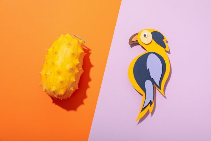 Kiwano fruit and paper bird on orange and purple background, top view