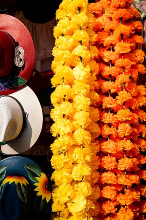 Colorful strand of marigolds for sale at market