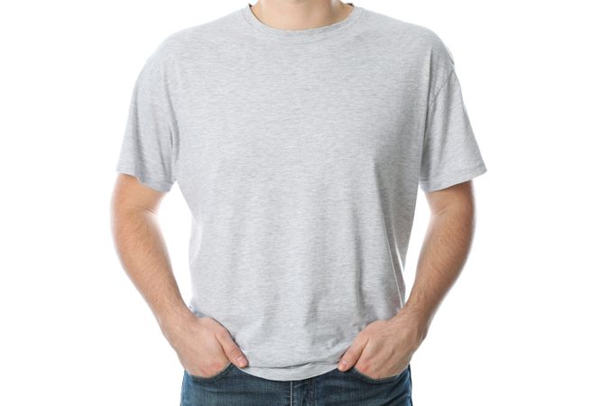 Men in blank grey t-shirt isolated on blank background, space for text