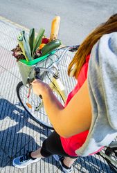 Closeup of woman winth groceries in a basket bike