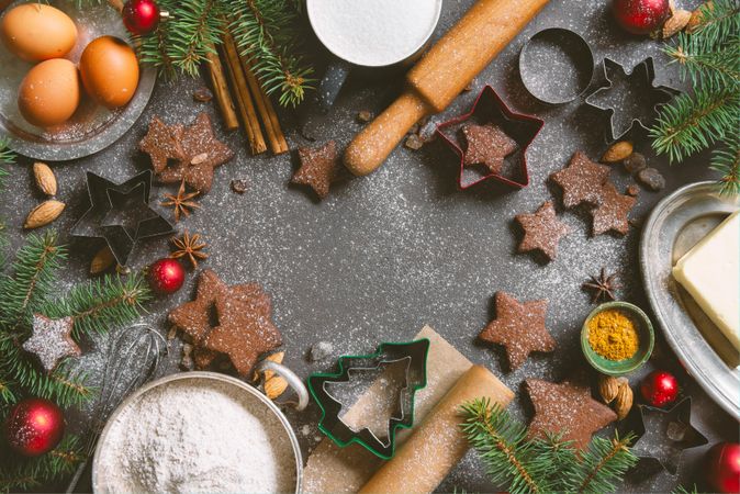 Christmas or New Year pastry decorated with fir branches, copy space