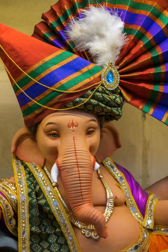 A beautiful idol of Lord Ganpati on display at a workshop in Mumbai, India for the festival of Ganesh Chaturthi