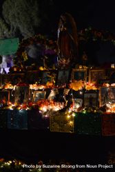 Day of the Dead altar at night with flowers, photos and lights 47jZa5
