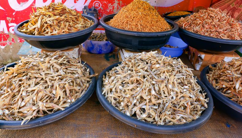 Assorted Dried Fish and Spices at Local Market Stall
