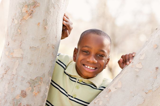 Young Black Boy Playing in Tree At the Park