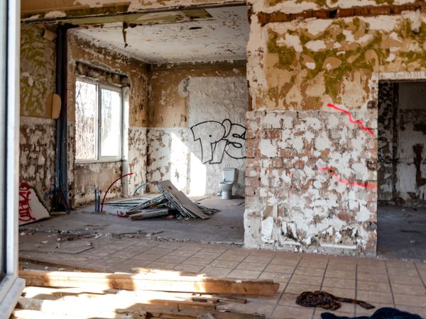 Old port, abandoned buildings, bridges, graffiti on the walls of houses in Strasbourg