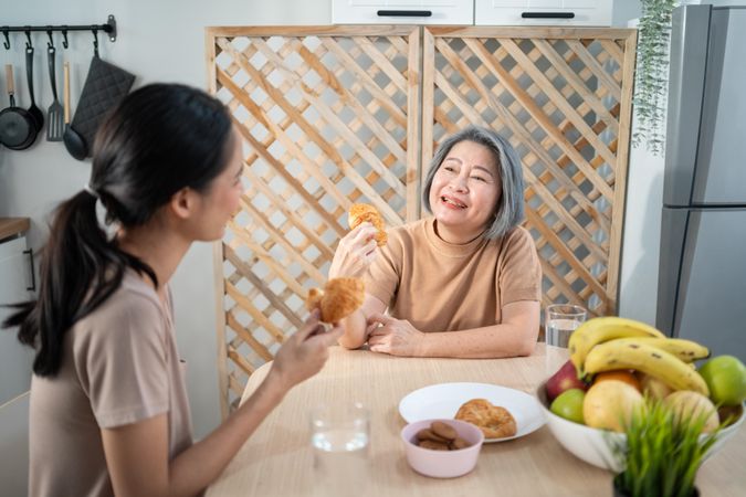 Two Asian women enjoying croissants for breakfast