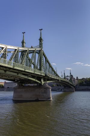 Liberty Bridge on a clear day in Hungary, vertical