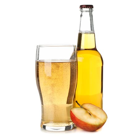 Apple, glass and bottle with cider isolated on blank background