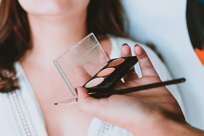 Woman hand with brush and powder for client