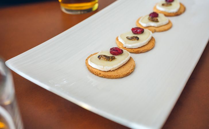 Tray of canapes with crickets