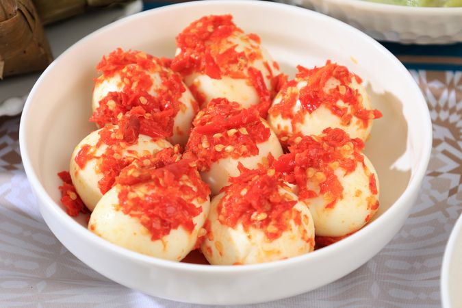 Telur Balado Padang, Boiled Egg with Spicy Red Chilli Spice.