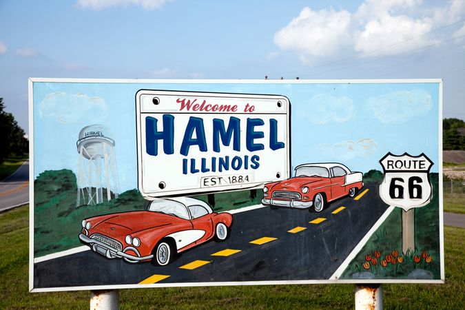 Entrance sign to Hamel, Illinois on Route 66