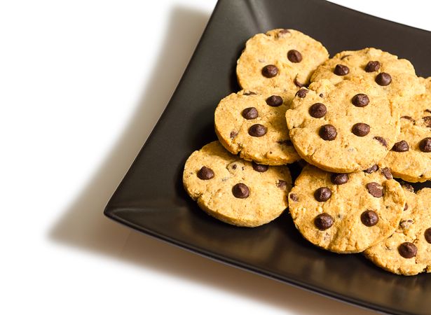 Chocolate chip cookies on a plate isolated on studio background