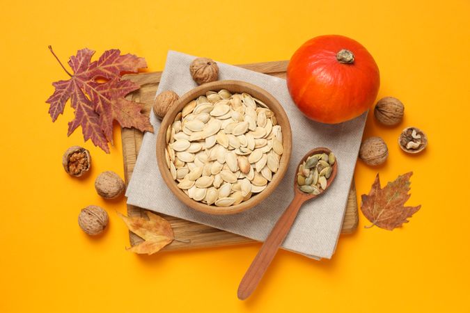 Concept of Autumn vibe food, Pumpkin, Pumpkin seeds