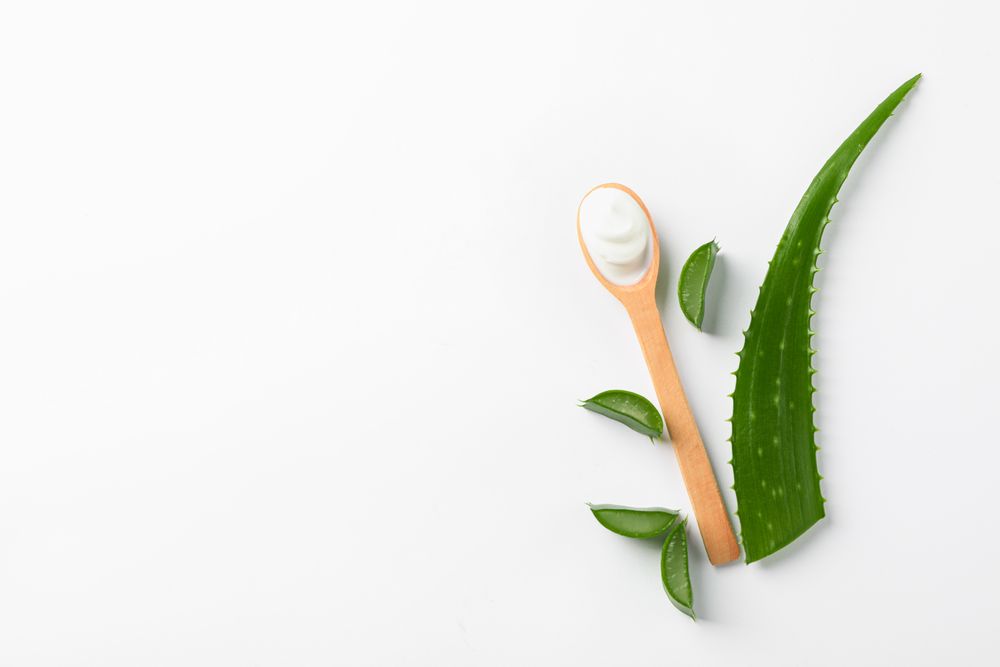Flat lay composition with natural treatment accessories on plain background, space for text. Aloe vera