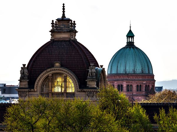 Roofs of the city of Strasbourg. Library building. St Paul's Cathedral.