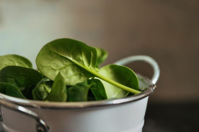 Fresh spinach on a rustic metal crockery bowl