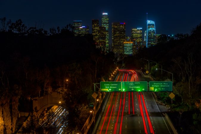 Long exposure of car lights on highway of LA at night