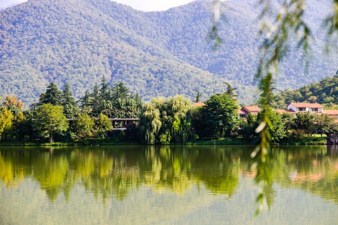 Lopota lake with reflection of mountains