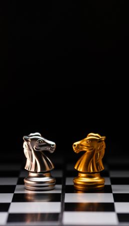 Chess knights face-off. Silver and gold chessmen on chesboard.