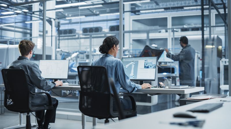 White Male Programmer And Hispanic Female Automation Engineer Using Desktop Computers At Modern Factory With Robotic Arms.